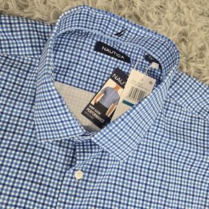 Nautica 258829 Mens 2XL XXL Blue Plaid S/S Button Front Performance Dress Shirt‎